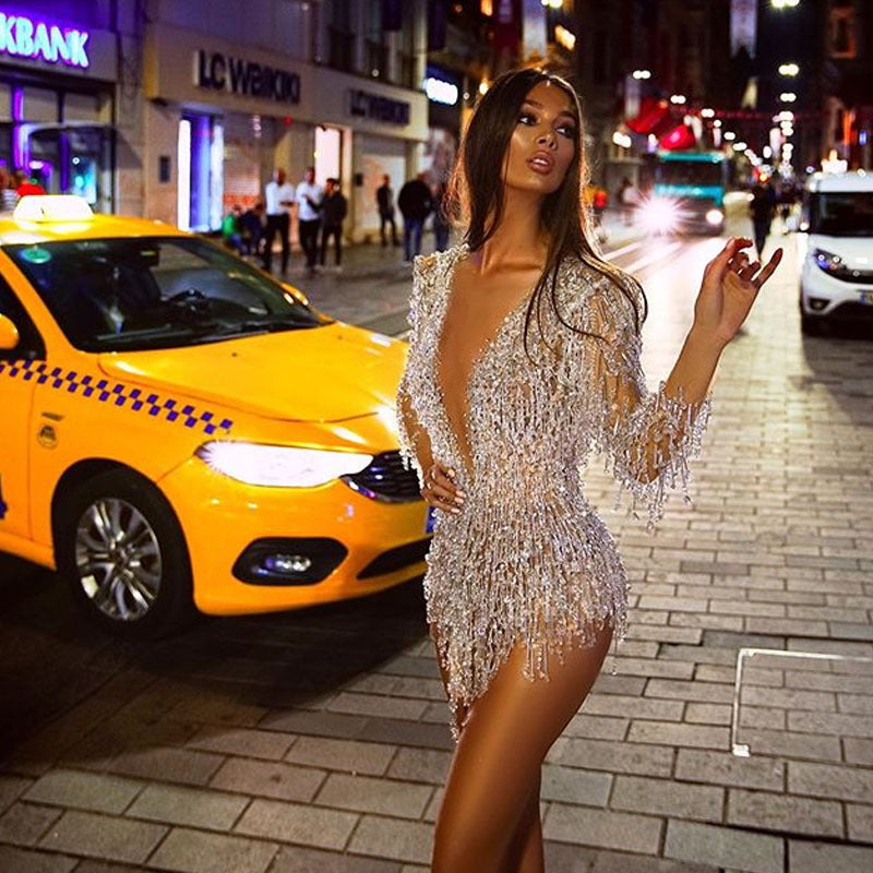 Women Clothing Sexy Sequined Tassel Deep V Plunge Plunge Mini Dress